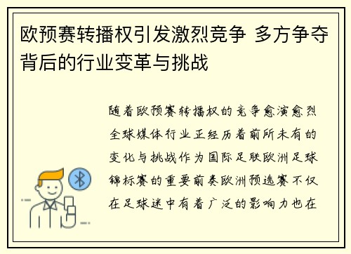 欧预赛转播权引发激烈竞争 多方争夺背后的行业变革与挑战