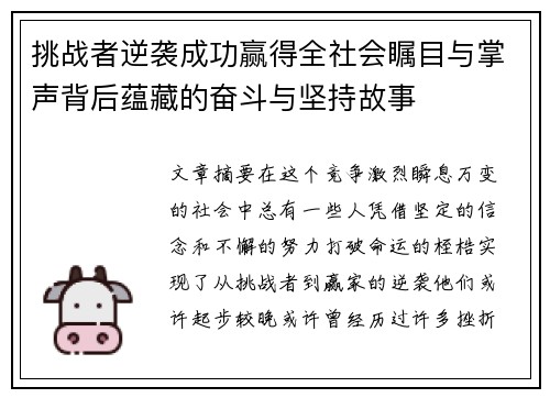 挑战者逆袭成功赢得全社会瞩目与掌声背后蕴藏的奋斗与坚持故事