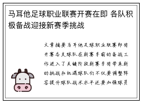 马耳他足球职业联赛开赛在即 各队积极备战迎接新赛季挑战