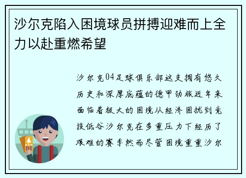 沙尔克陷入困境球员拼搏迎难而上全力以赴重燃希望