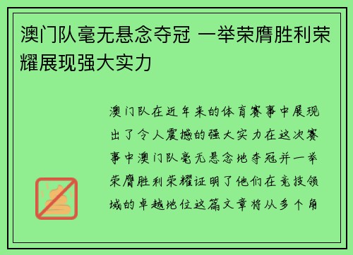 澳门队毫无悬念夺冠 一举荣膺胜利荣耀展现强大实力