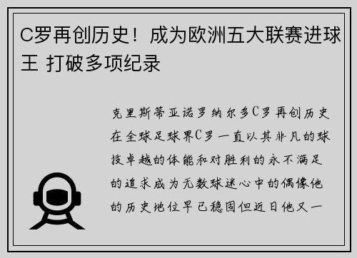 C罗再创历史!成为欧洲五大联赛进球王 打破多项纪录