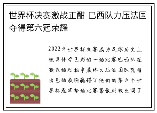 世界杯决赛激战正酣 巴西队力压法国夺得第六冠荣耀