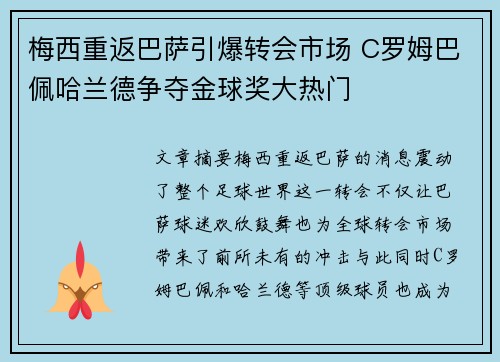 梅西重返巴萨引爆转会市场 C罗姆巴佩哈兰德争夺金球奖大热门