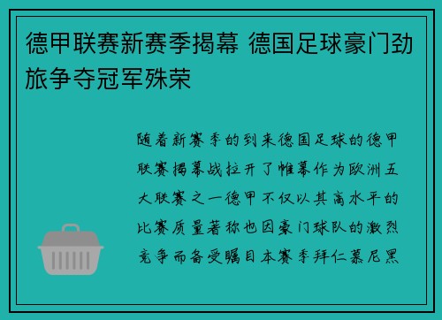 德甲联赛新赛季揭幕 德国足球豪门劲旅争夺冠军殊荣