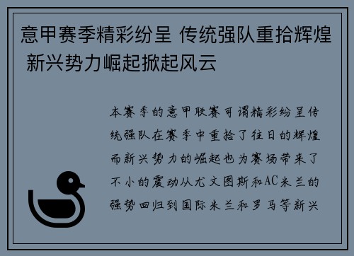 意甲赛季精彩纷呈 传统强队重拾辉煌 新兴势力崛起掀起风云